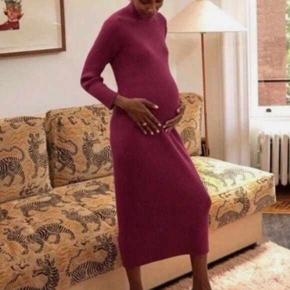 Hatch Skylar Rib Knit Midi Dress Pink Maternity Size 4 Mock Neck Stretch Bodycon - Picture 1 of 12